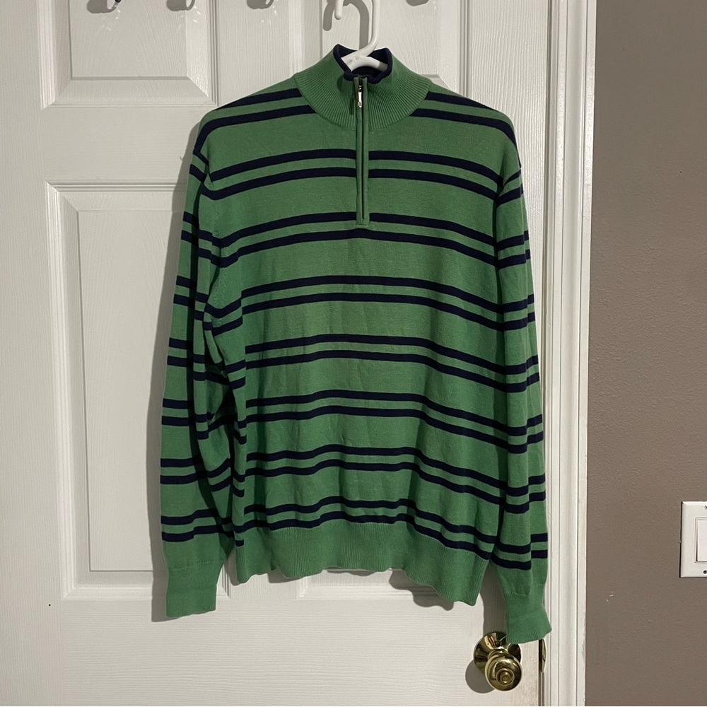 Andrew Carrington Mens Large Cotton Cashmere Sweater 1/4 Zip Pullover Green Blue